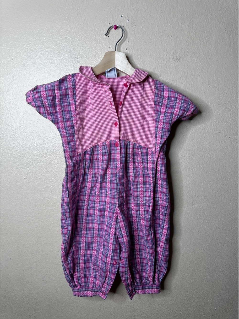 Vintage OshKosh Girls 24 Months Pink Plaid Cotton Romper One Piece USA Made